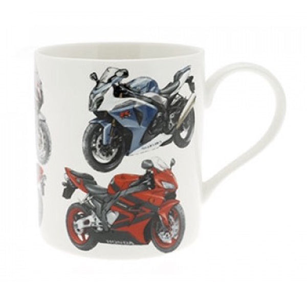 White ceramic mug decorated with classic motorcycles