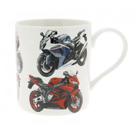 White ceramic mug decorated with classic motorcycles